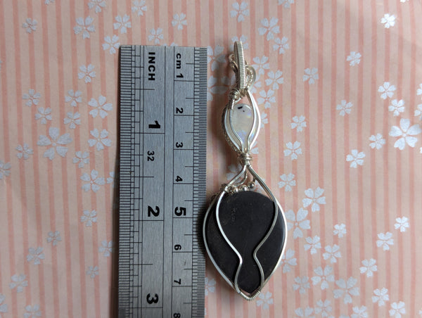 Plume Agate Doublet & Rainbow Moonstone Wire Wrapped Pendant in Sterling Silver