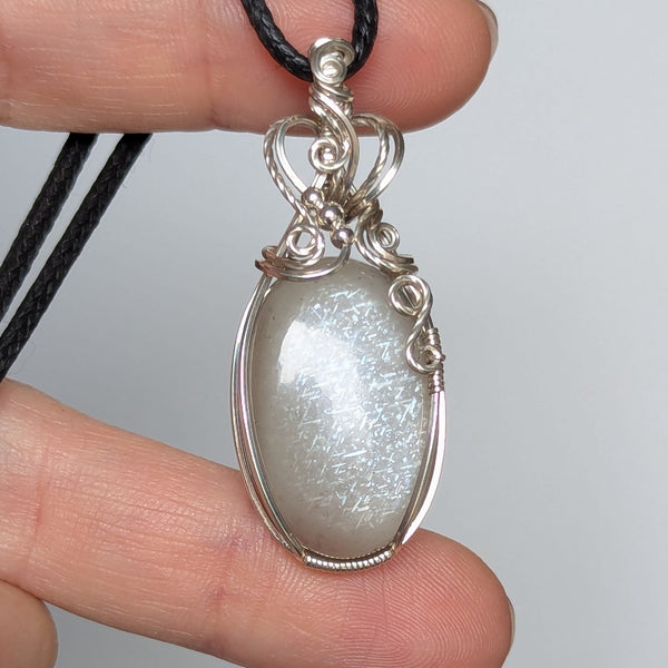Grey Lattice Moonstone Wire Wrapped Pendant in Sterling Silver