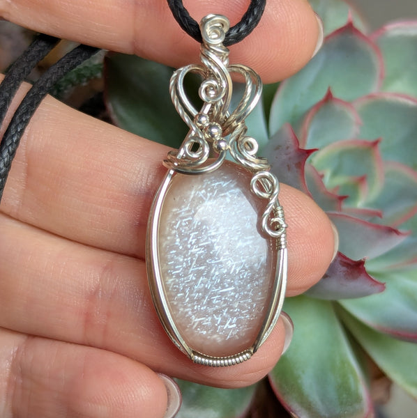 Grey Lattice Moonstone Wire Wrapped Pendant in Sterling Silver