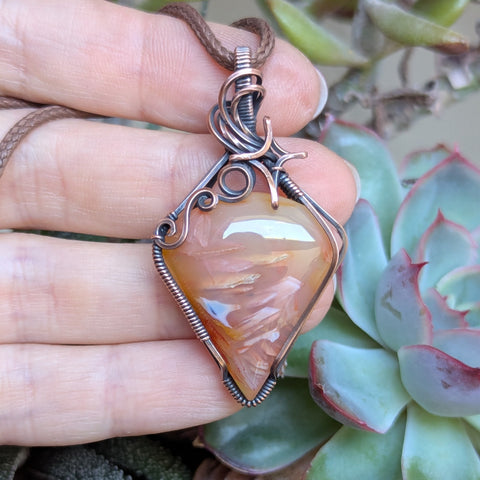 Tube Agate Wire Wrapped Pendant in Oxidized Copper