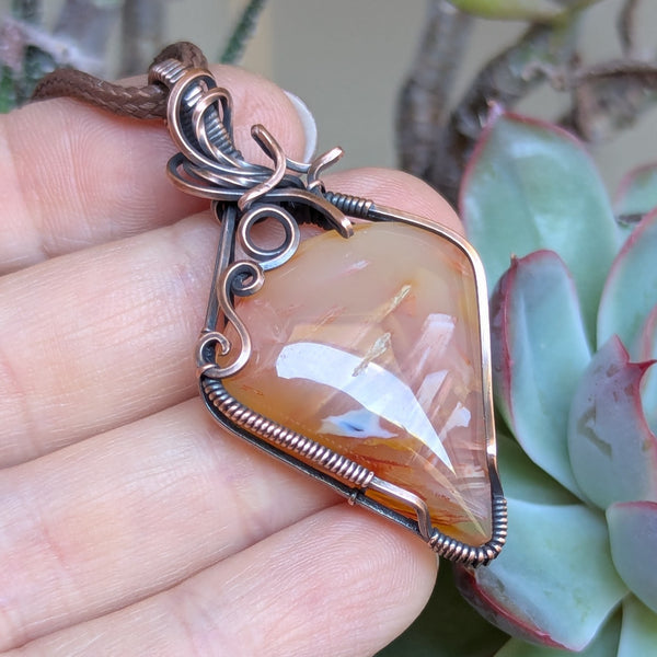 Tube Agate Wire Wrapped Pendant in Oxidized Copper