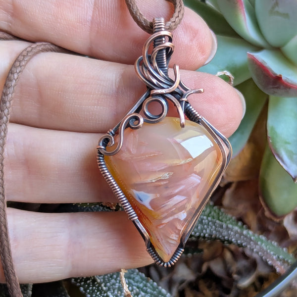Tube Agate Wire Wrapped Pendant in Oxidized Copper