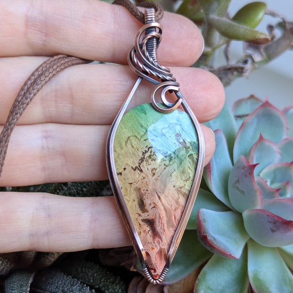 Dyed Rainbow Palm Root Wire Wrapped Pendant in Oxidized Copper