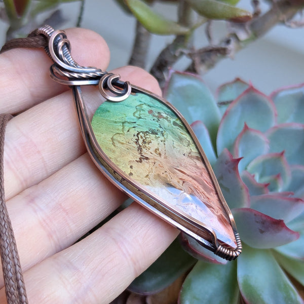 Dyed Rainbow Palm Root Wire Wrapped Pendant in Oxidized Copper