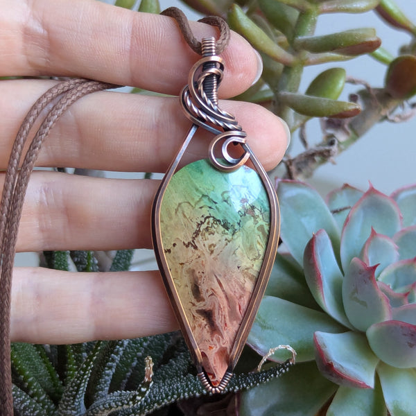 Dyed Rainbow Palm Root Wire Wrapped Pendant in Oxidized Copper