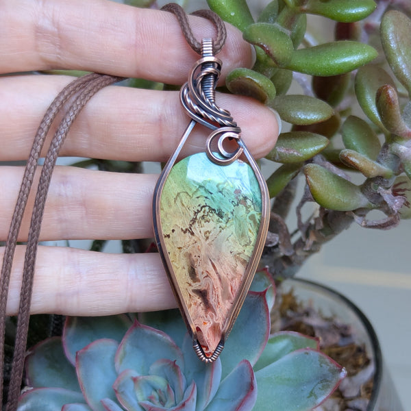 Dyed Rainbow Palm Root Wire Wrapped Pendant in Oxidized Copper