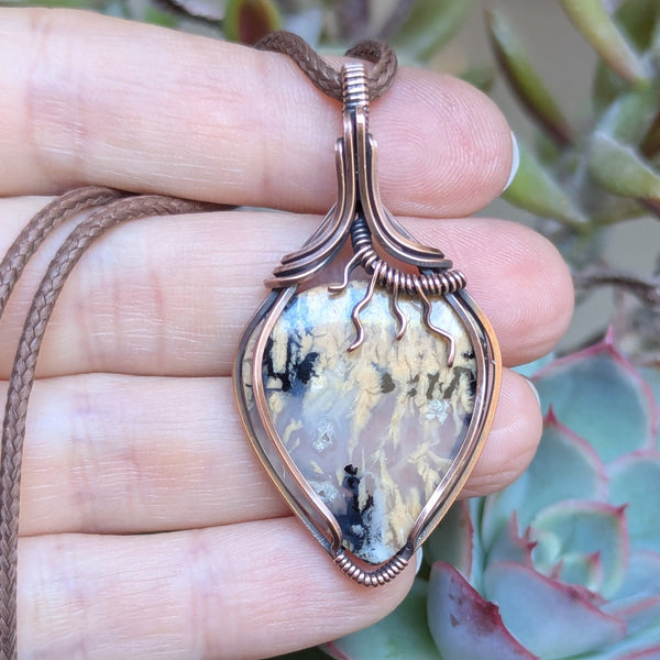 Dendritic Tiger Agate Wire Wrapped Pendant in Oxidized Copper