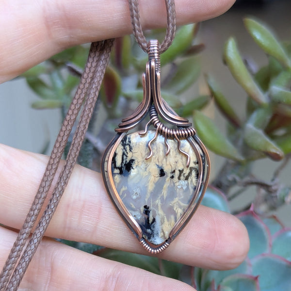 Dendritic Tiger Agate Wire Wrapped Pendant in Oxidized Copper