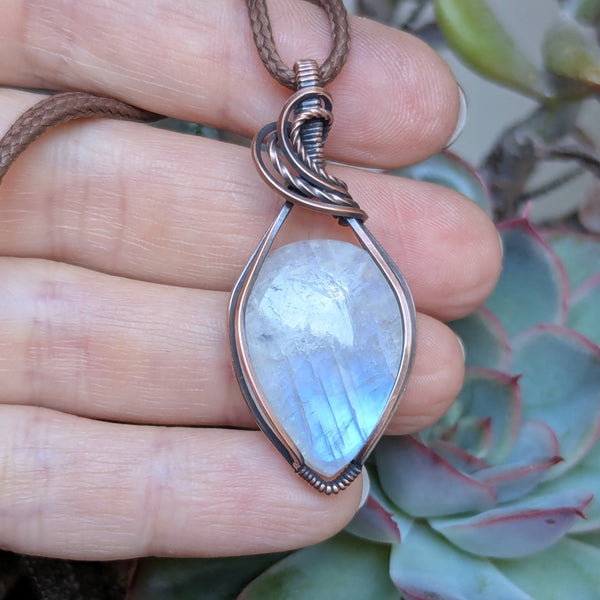 Rainbow Moonstone Wire Wrapped Pendant in Oxidized Copper