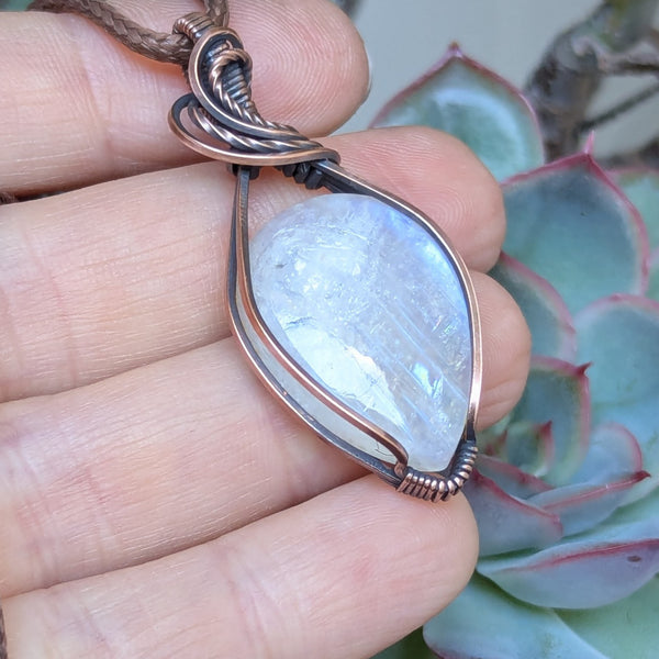 Rainbow Moonstone Wire Wrapped Pendant in Oxidized Copper