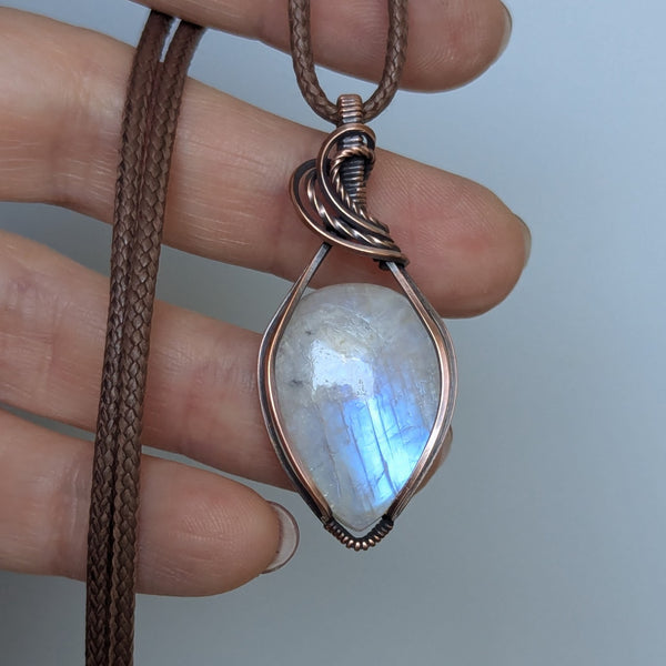Rainbow Moonstone Wire Wrapped Pendant in Oxidized Copper