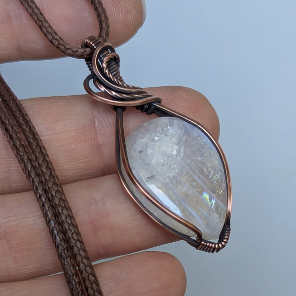Rainbow Moonstone Wire Wrapped Pendant in Oxidized Copper
