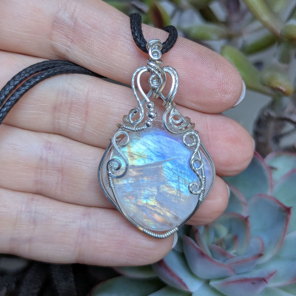 Rainbow Moonstone Wire Wrapped Pendant in Sterling Silver