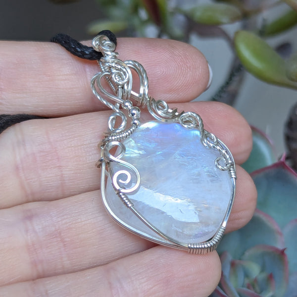 Rainbow Moonstone Wire Wrapped Pendant in Sterling Silver