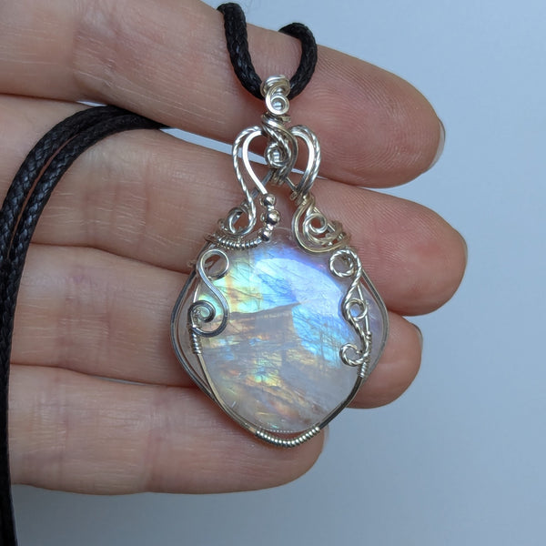 Rainbow Moonstone Wire Wrapped Pendant in Sterling Silver
