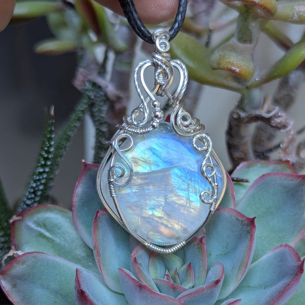 Rainbow Moonstone Wire Wrapped Pendant in Sterling Silver