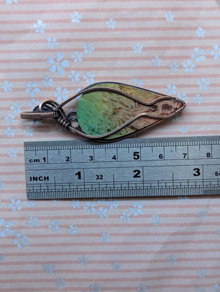 Dyed Rainbow Palm Root Wire Wrapped Pendant in Oxidized Copper