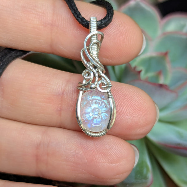 Rainbow Moonstone Wire Wrapped Mini Pendant in Sterling Silver