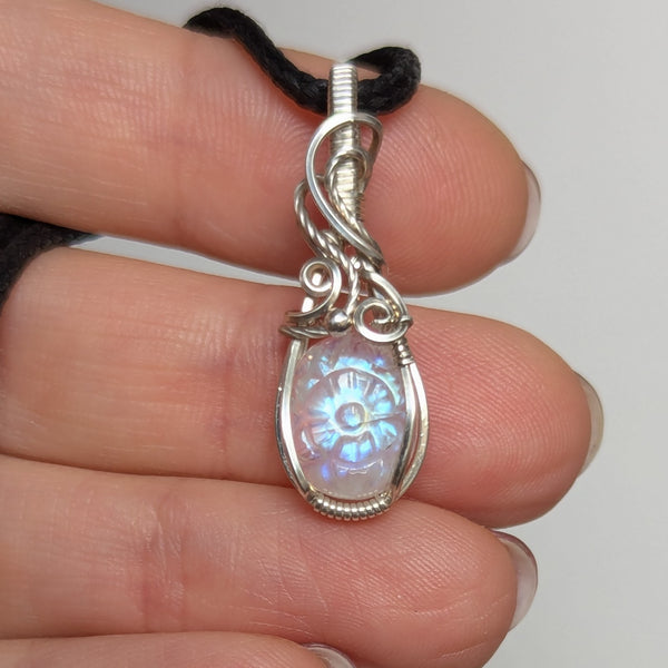 Rainbow Moonstone Wire Wrapped Mini Pendant in Sterling Silver