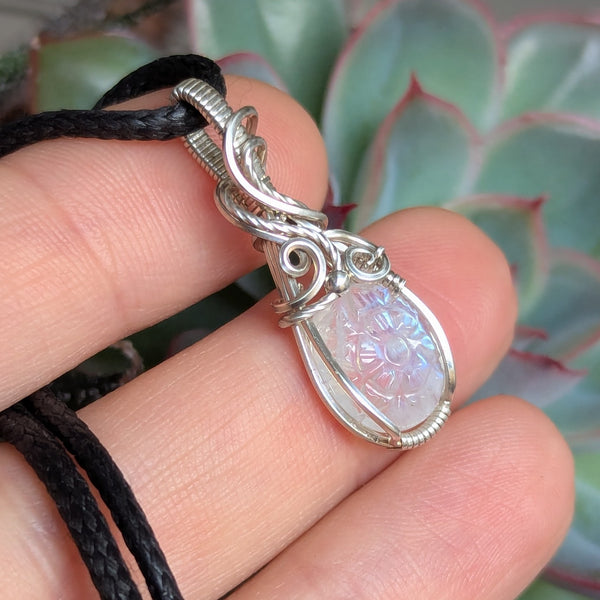 Rainbow Moonstone Wire Wrapped Mini Pendant in Sterling Silver