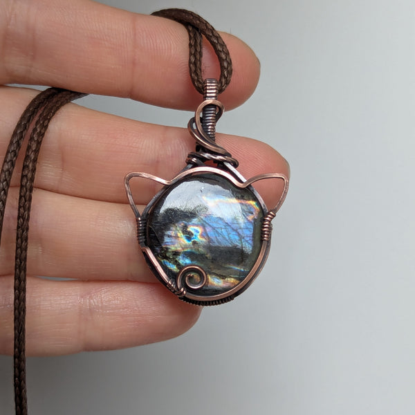 Labradorite Cat Wire Wrapped Oxidized Copper Pendant