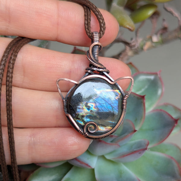 Labradorite Cat Wire Wrapped Oxidized Copper Pendant