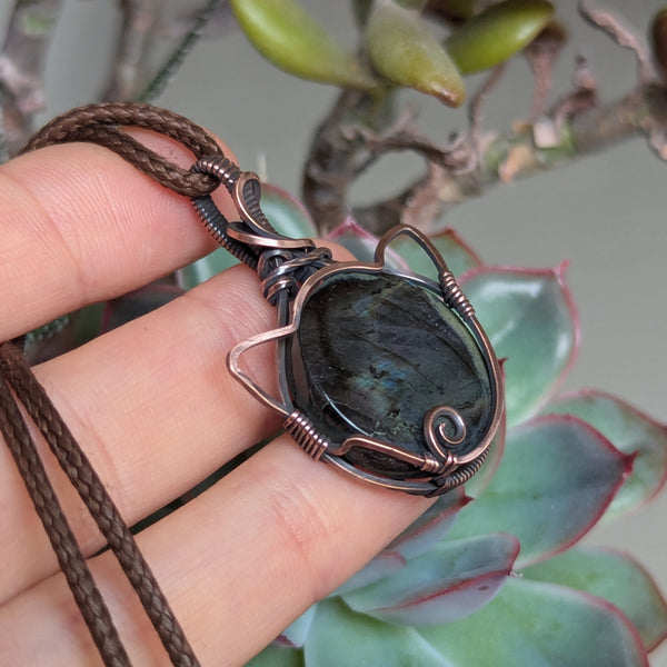 Labradorite Cat Wire Wrapped Oxidized Copper Pendant