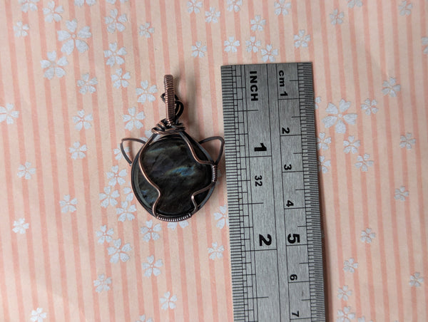 Labradorite Cat Wire Wrapped Oxidized Copper Pendant