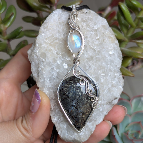Black Marcasite & Rainbow Moonstone Wire Wrapped Pendant in Sterling Silver