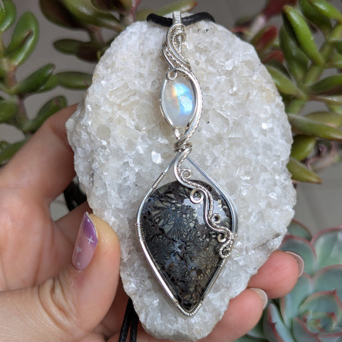 Black Marcasite & Rainbow Moonstone Wire Wrapped Pendant in Sterling Silver