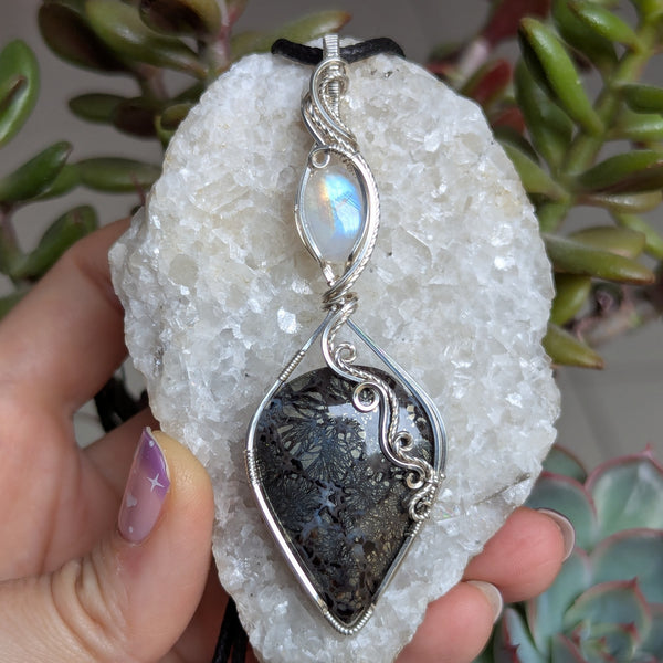 Black Marcasite & Rainbow Moonstone Wire Wrapped Pendant in Sterling Silver