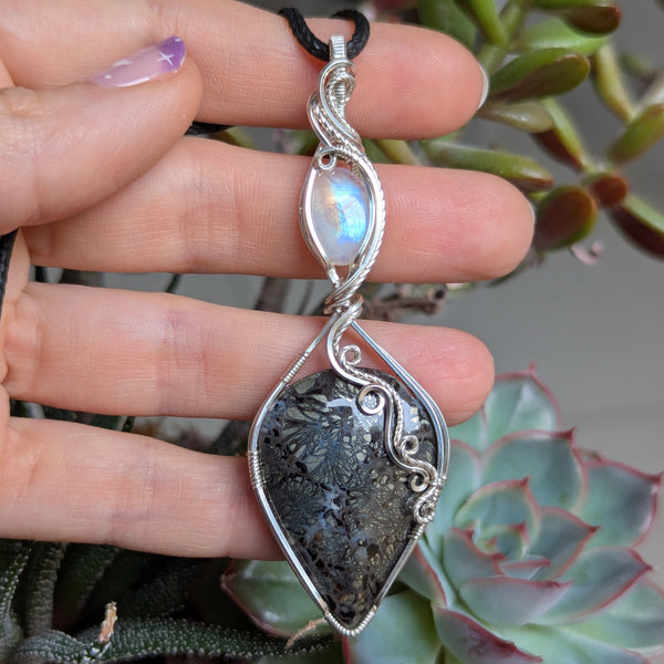 Black Marcasite & Rainbow Moonstone Wire Wrapped Pendant in Sterling Silver