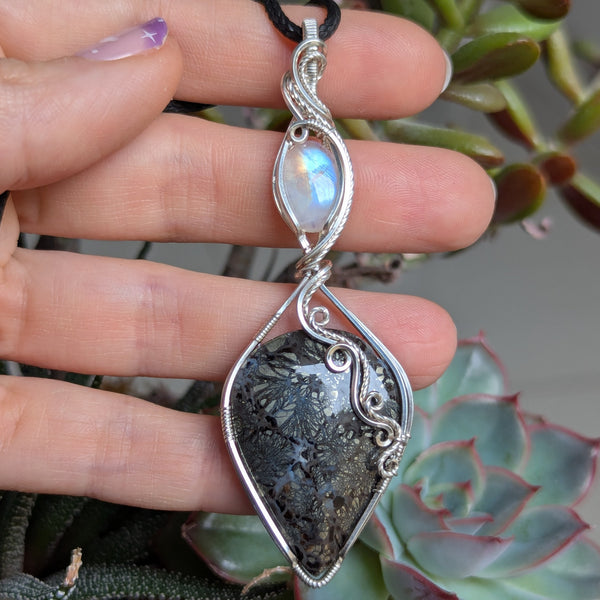 Black Marcasite & Rainbow Moonstone Wire Wrapped Pendant in Sterling Silver