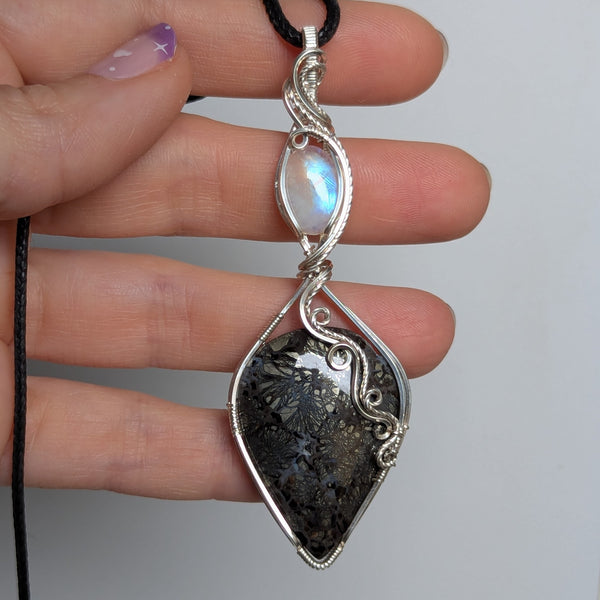Black Marcasite & Rainbow Moonstone Wire Wrapped Pendant in Sterling Silver