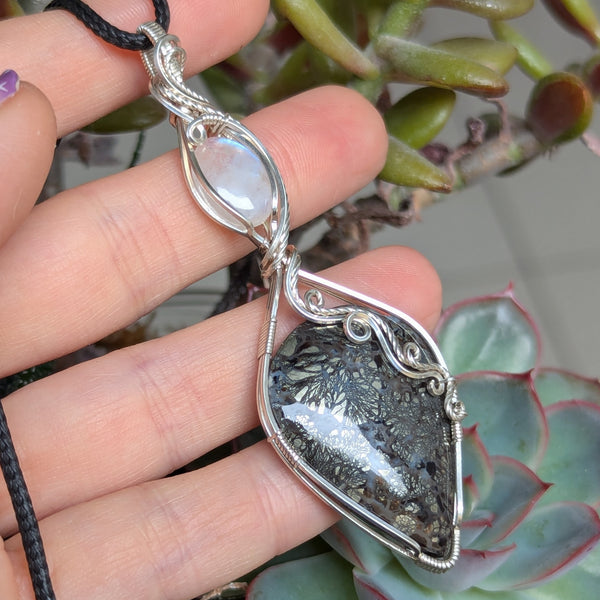 Black Marcasite & Rainbow Moonstone Wire Wrapped Pendant in Sterling Silver