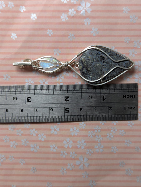 Black Marcasite & Rainbow Moonstone Wire Wrapped Pendant in Sterling Silver