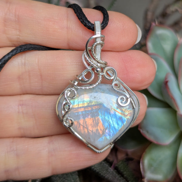 Rainbow Moonstone Wire Wrapped Pendant in Sterling Silver