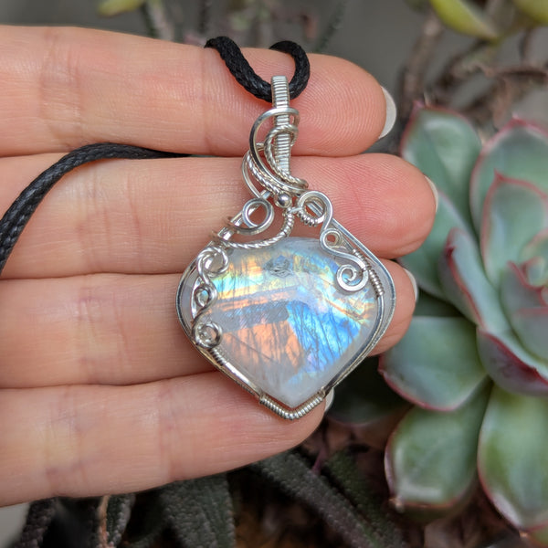Rainbow Moonstone Wire Wrapped Pendant in Sterling Silver
