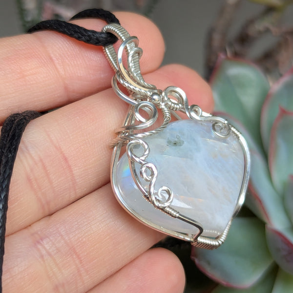 Rainbow Moonstone Wire Wrapped Pendant in Sterling Silver