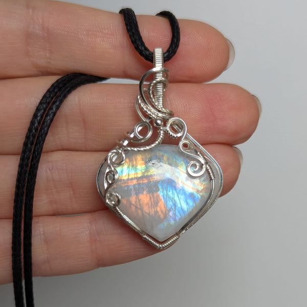 Rainbow Moonstone Wire Wrapped Pendant in Sterling Silver