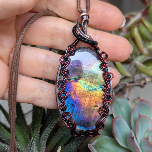 Labradorite Wire Wrapped Enamelled Copper Pendant