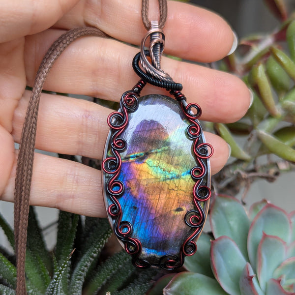 Labradorite Wire Wrapped Enamelled Copper Pendant