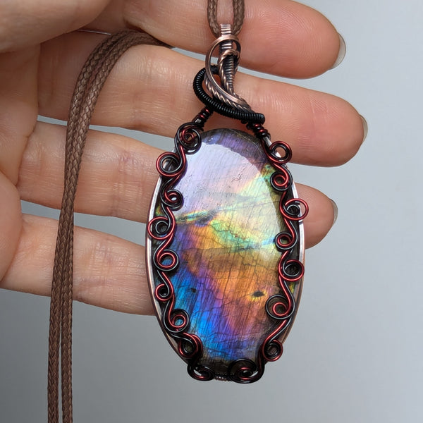 Labradorite Wire Wrapped Enamelled Copper Pendant