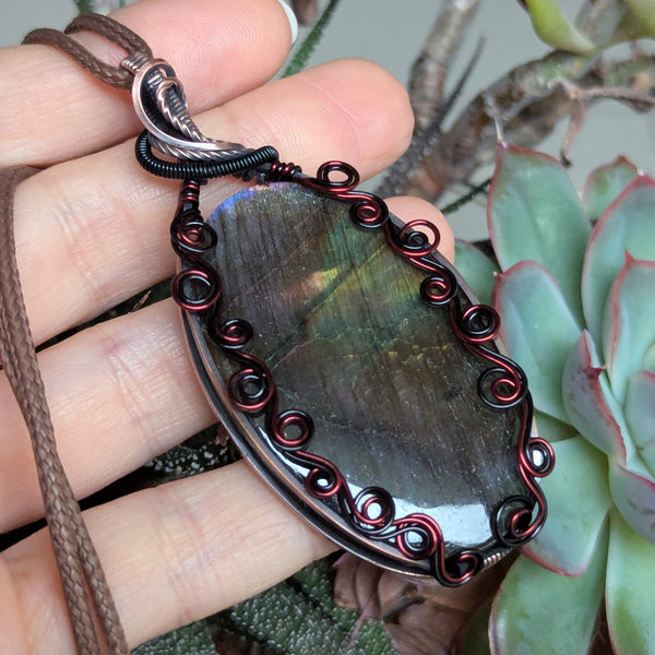 Labradorite Wire Wrapped Enamelled Copper Pendant