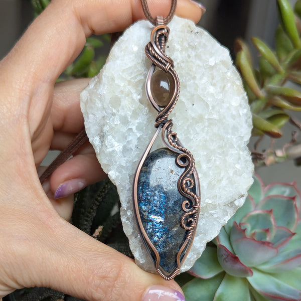 Moss Kyanite & Smoky Quartz Wire Wrapped Oxidized Copper Pendant