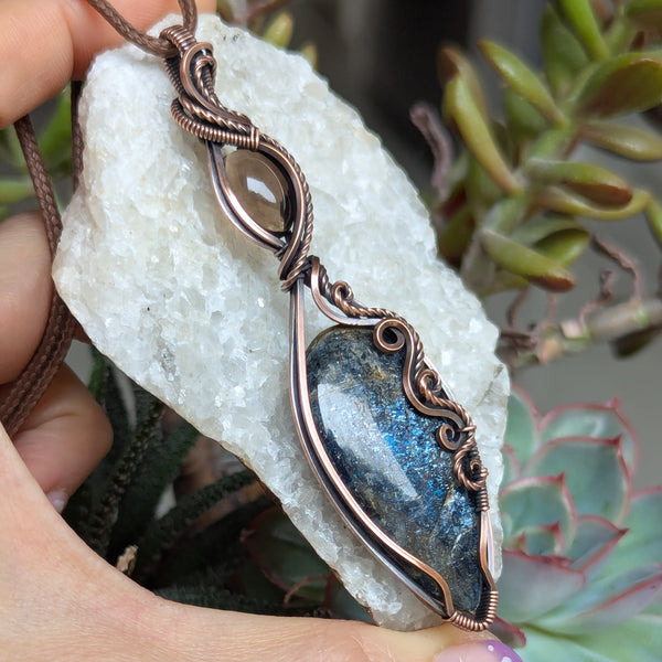 Moss Kyanite & Smoky Quartz Wire Wrapped Oxidized Copper Pendant
