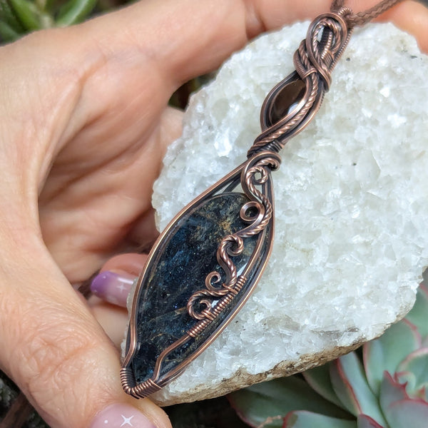 Moss Kyanite & Smoky Quartz Wire Wrapped Oxidized Copper Pendant