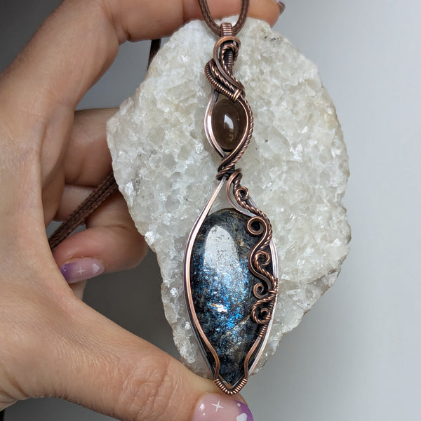 Moss Kyanite & Smoky Quartz Wire Wrapped Oxidized Copper Pendant