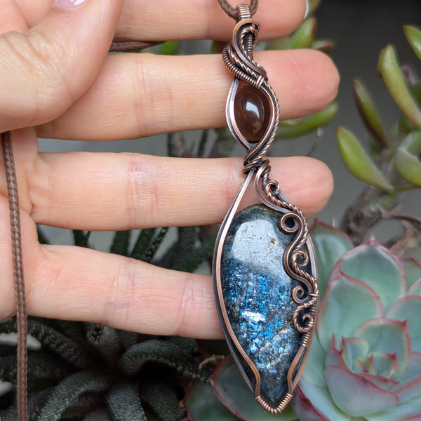 Moss Kyanite & Smoky Quartz Wire Wrapped Oxidized Copper Pendant