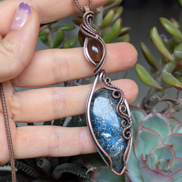Moss Kyanite & Smoky Quartz Wire Wrapped Oxidized Copper Pendant